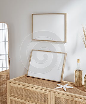 Mockup frame in interior background, room in light pastel colors with rattan furniture, Coastal style