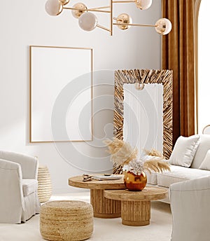 Mockup frame in interior background, room in light pastel colors, Scandi-Boho style