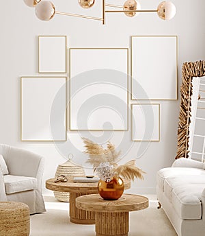 Mockup frame in interior background, room in light pastel colors, Scandi-Boho style