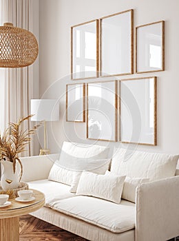 Mockup frame in interior background, room in light pastel colors, Scandi-Boho style