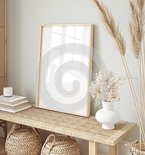 Mockup frame in interior background, room in light pastel colors, Scandi-Boho style