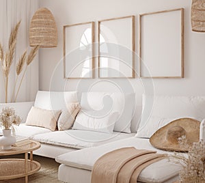 Mockup frame in interior background, room in light pastel colors, Scandi-Boho style