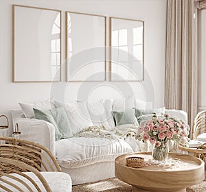 Mockup frame in interior background, room in light pastel colors, Scandi-Boho style