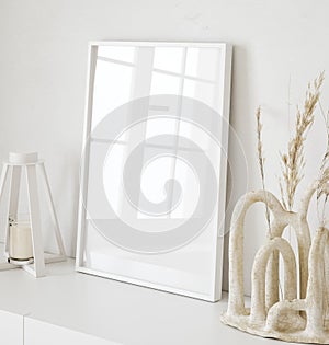 Mockup frame in interior background, room in light pastel colors, Scandi-Boho style