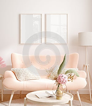 Mockup frame in interior background, room in light pastel colors, Scandi-Boho style