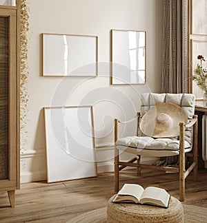 Mockup frame in interior background, room in light pastel colors, Scandi-Boho style