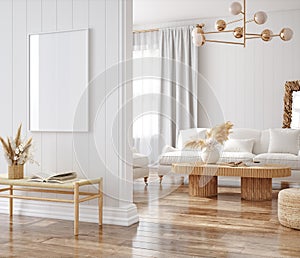 Mockup frame in interior background, room in light pastel colors, Scandi-Boho style