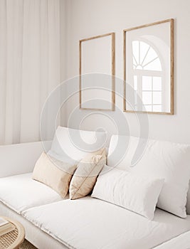 Mockup frame in interior background, room in light pastel colors, Scandi-Boho style