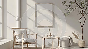 Mockup frame in interior background, room in light pastel colors, Scandi Boho style. AI Generative