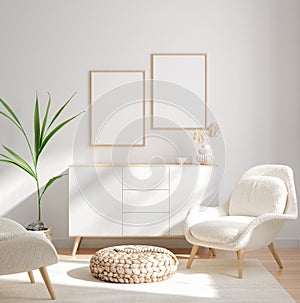 Mockup frame in interior background, room in light pastel colors, Scandinavian style