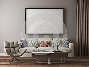 Mockup frame in living room with beige sofa set and gray wall.