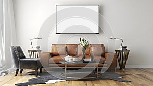 Mockup frame in living room with blank frame, light brown leather sofa, chair, leather carpet, and coffee table