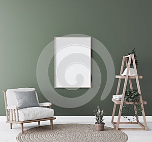 Mockup frame in living room interior, natural wooden furniture on green background