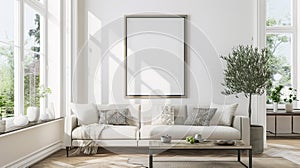 Mockup frame in living room interior of Spanish villa, Living Room, Indoors. Generative Ai