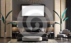 mockup frame luxurious bedroom design classic wallpaper dÃ©cor wooden cutters lights and decorative plants photo