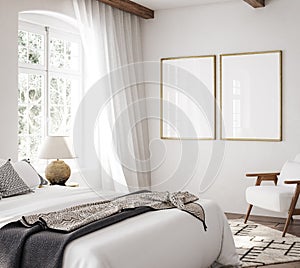 Mockup frame in luxury Hampton style bedroom interior photo