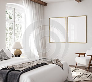 Mockup frame in luxury Hampton style bedroom interior