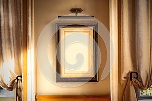 Mockup with a frame with a mat for a painting or photograph in the wall between the windows in a classic interior