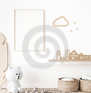 Mockup frame in minimal unisex child bedroom with natural wooden furniture