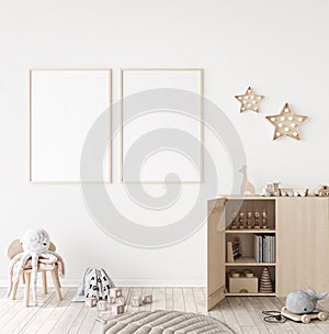 Mockup frame in minimal unisex child bedroom with natural wooden furniture