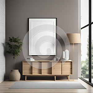 Mockup frame, modern living room interior with blank frame, wooden sideboard, and decorative plantm