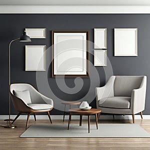 Mockup frame, modern living room interior with empty frames on wall, stylish chairs, and elegant decor