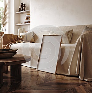 Mockup frame in nomadic boho interior background with rustic decor