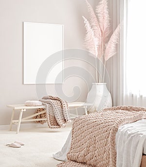 Mockup frame in pastel pink bedroom interior background, Scandi-Boho style