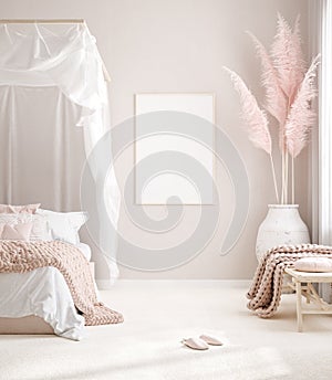 Mockup frame in pastel pink bedroom interior background, Scandi-Boho style