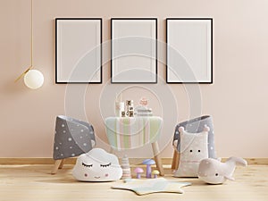 Mockup frame photo in the children`s room, bedroom interior on wall white color background