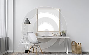 Mockup frame poster Home office concept. Empty vertical wooden picture hanging on white wall. Wooden desk, table. Elegant working