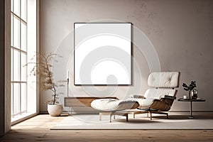 Mockup frame poster Interior design of cozy living room with stylish chairs, dired flowers in vase, carpet decoration, plaid and