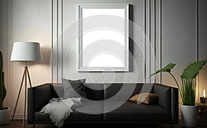 Mockup frame poster Interior design of cozy living room with stylish sofa, coffee table, dired flowers in vase, carpet decoration