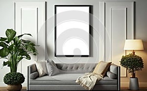 Mockup frame poster Interior design of cozy living room with stylish sofa, coffee table, dired flowers in vase, carpet decoration