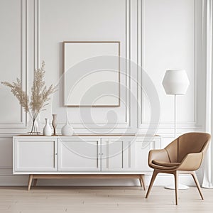 Mockup frame in a Scandinavian interior on a background of a white wall and dresser