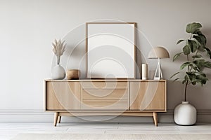 Mockup frame in a Scandinavian interior on a background of a white wall and dresser