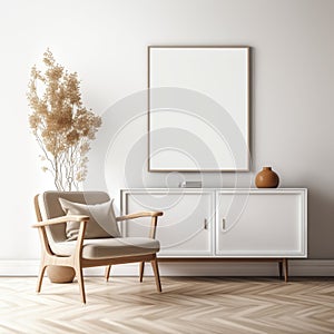 Mockup frame in a Scandinavian interior on a background of a white wall and dresser