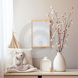 Mockup of a frame on the wall in a children\'s room. Soft beige interior for a baby.AI generation