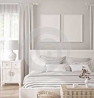 Mockup frame in white cozy bedroom interior background