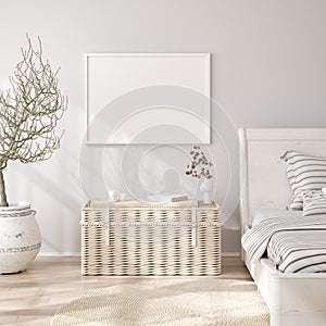 Mockup frame in white cozy bedroom interior background