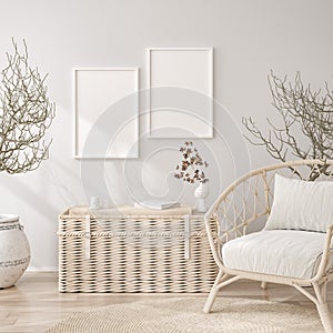 Mockup frame in white cozy living room interior background