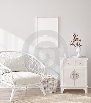 Mockup frame in white cozy living room interior background