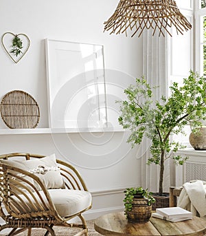 Mockup frame in white cozy living room interior background