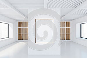 Mockup frame in white empty large office room with windows