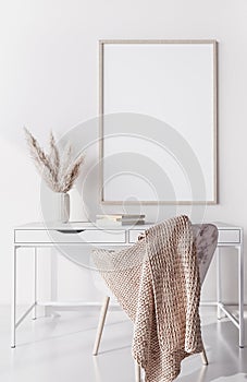 Mockup frame for white wooden desk, home office Scandinavian design
