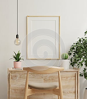 Mockup frame on work table in living room interior on empty white wall background