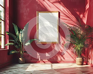 mockup of frames in red wall with plants