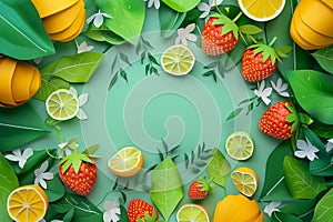 Mockup of fruits, leaves, and wildflowers. 3D animation style, layered cut paper. Strawberries, oranges, chamomiles, berries on a