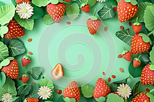 Mockup of fruits, leaves, and wildflowers. 3D animation style, layered cut paper. Strawberries, oranges, chamomiles, berries on a