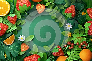 Mockup of fruits, leaves, and wildflowers. 3D animation style, layered cut paper. Strawberries, oranges, chamomiles, berries on a